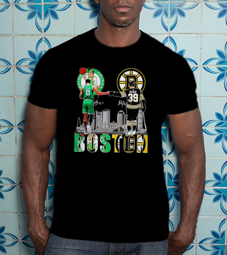 Boston Celtics Jayson Tatum Boston Bruins Morgan Geekie Signatures Skyline T-Shirt
