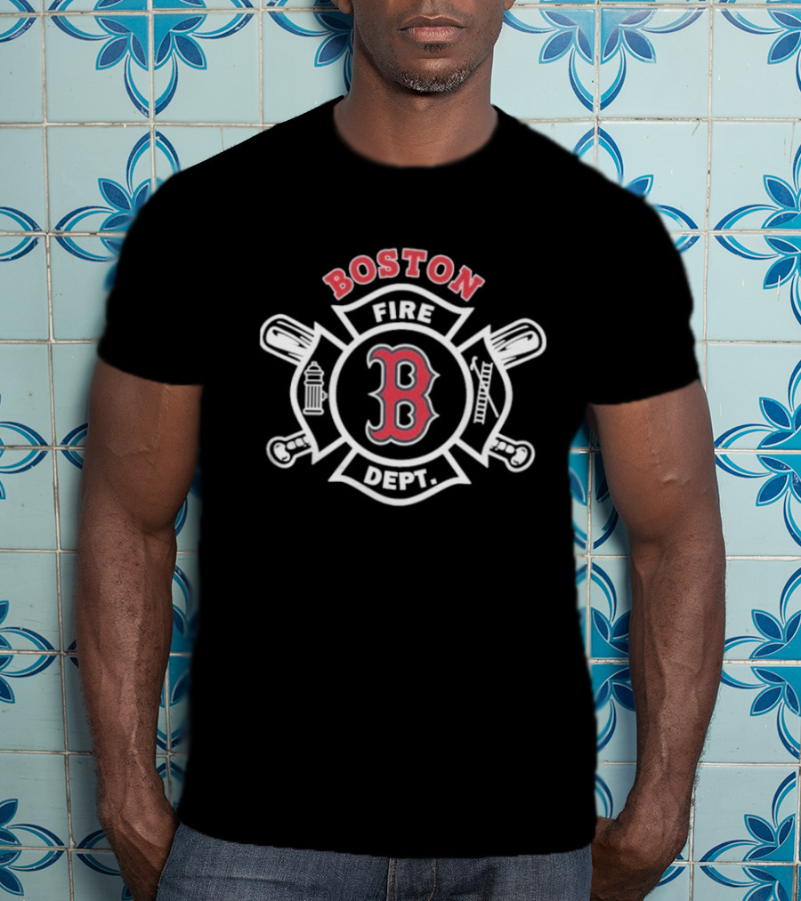 Boston Red Sox Fire Dept Firefighters B Logo Axes And Ladder T-Shirt