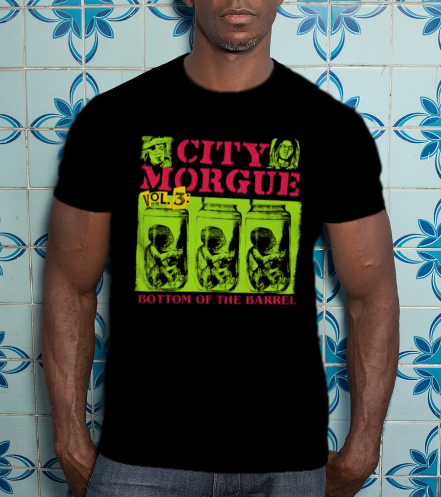 City Morgue Bottom Of The Barrel Green Neon Skeleton Illustrations T-Shirt