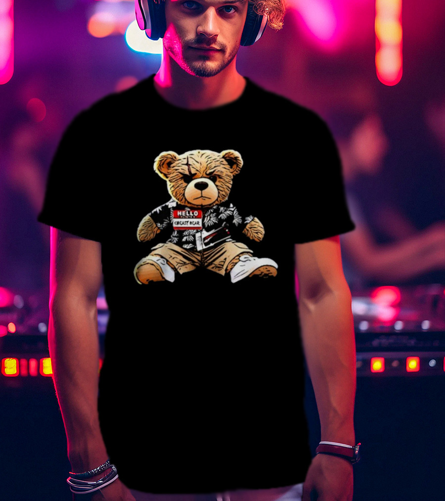 Hello Creasy Bear Fundraiser Hawaiian Theme With Name Tag T-Shirt