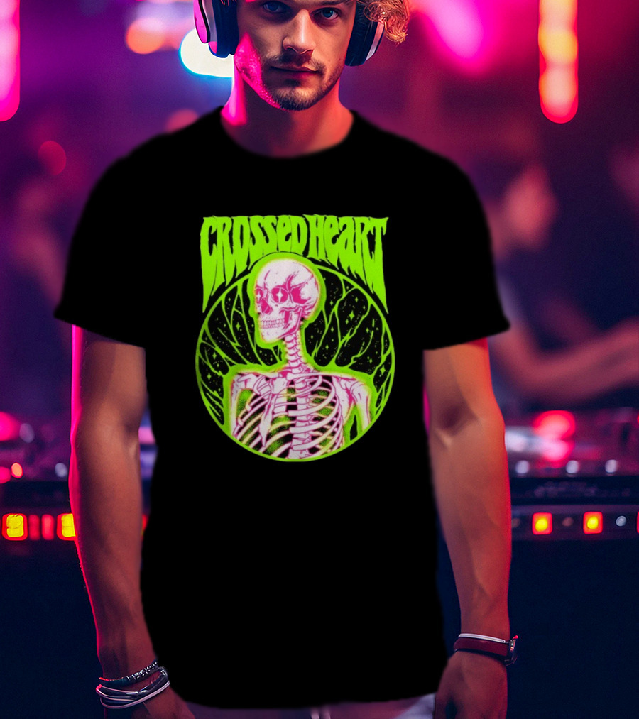 Crossed Heart Skeleton Neon Illustration T-Shirt