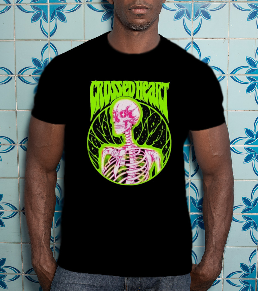 Crossed Heart Skeleton Neon Illustration T-Shirt