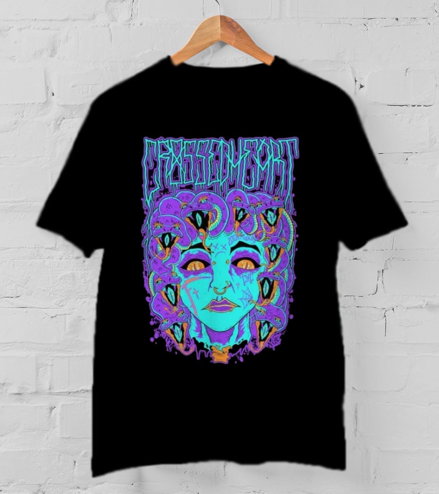 Crossed Heart Neon Medusa Snakes T-Shirt