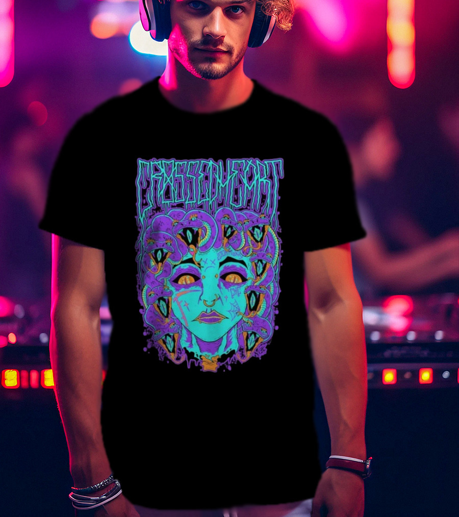 Crossed Heart Neon Medusa Snakes T-Shirt