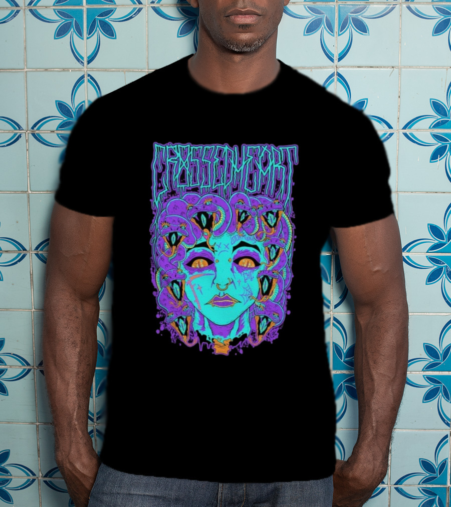 Crossed Heart Neon Medusa Snakes T-Shirt