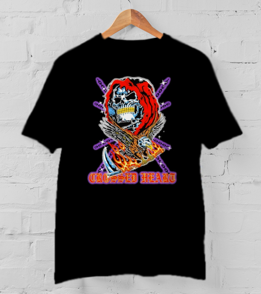 Crossed Heart No Mercy Skull Eagle Flames Chains T-Shirt