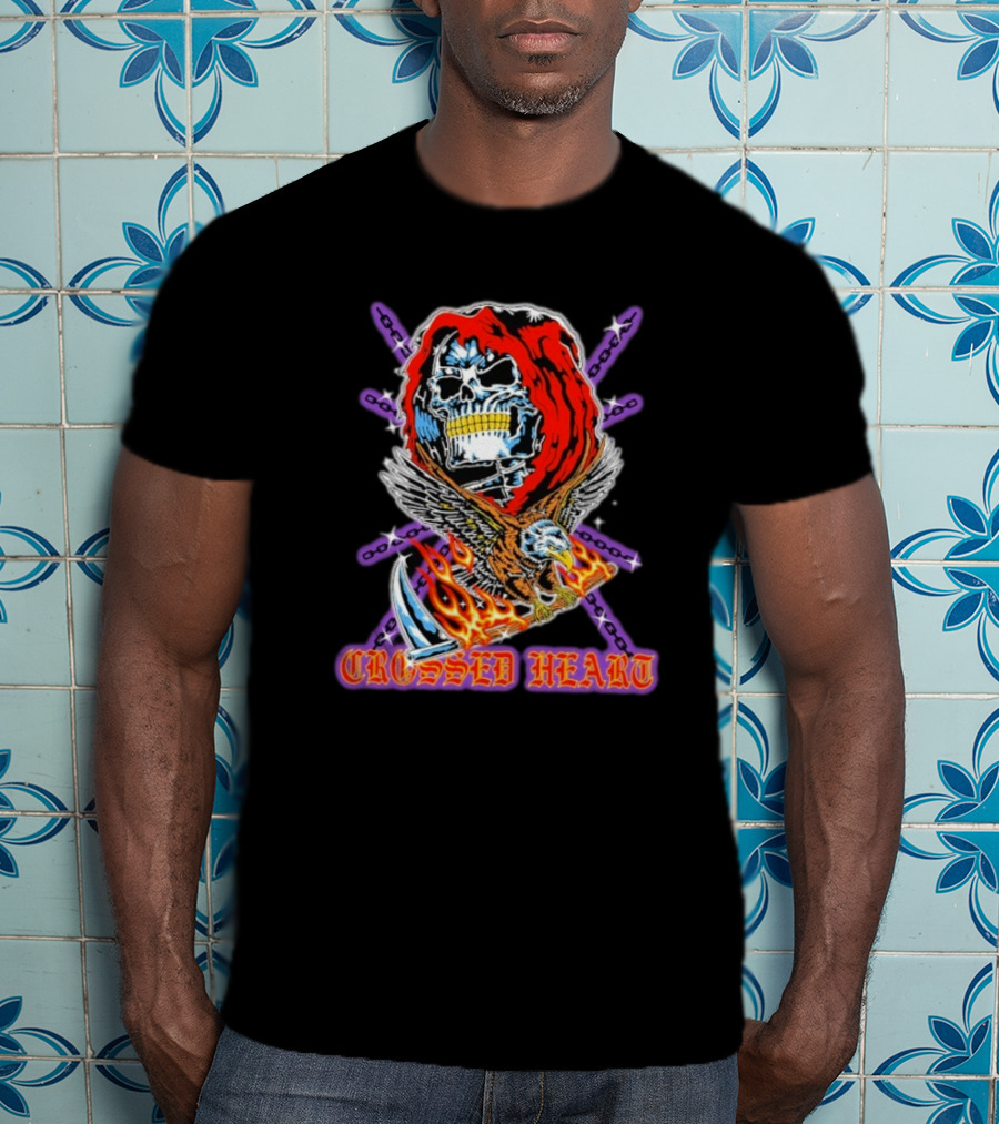 Crossed Heart No Mercy Skull Eagle Flames Chains T-Shirt