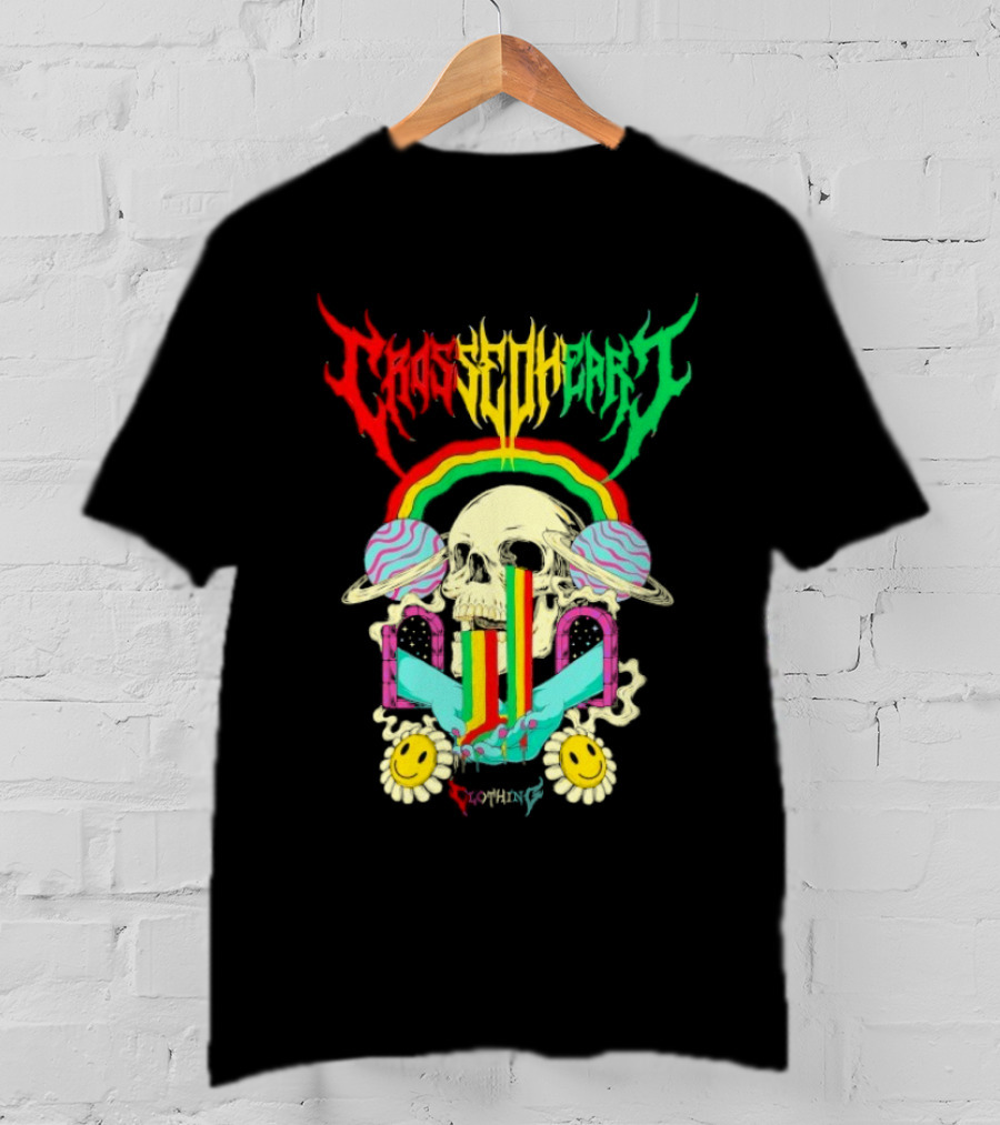 Crossed Heart Skull With Rainbow And Smiley Faces T-Shirt