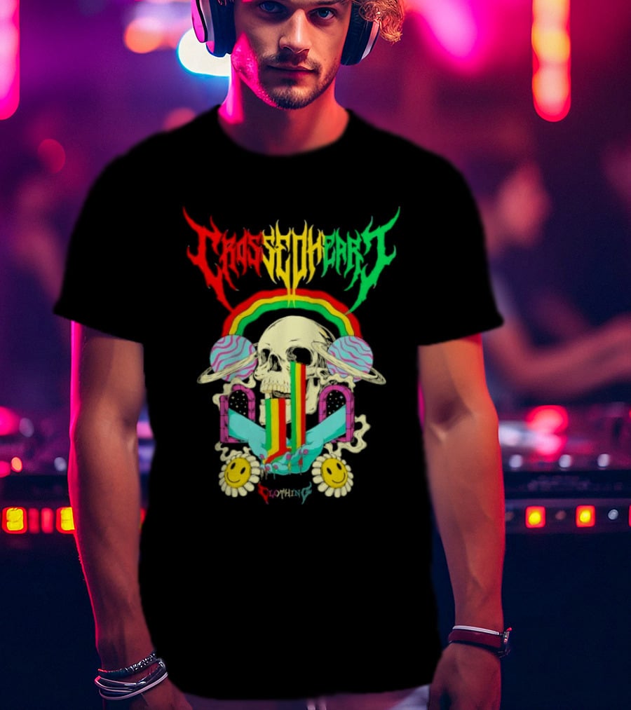 Crossed Heart Skull With Rainbow And Smiley Faces T-Shirt