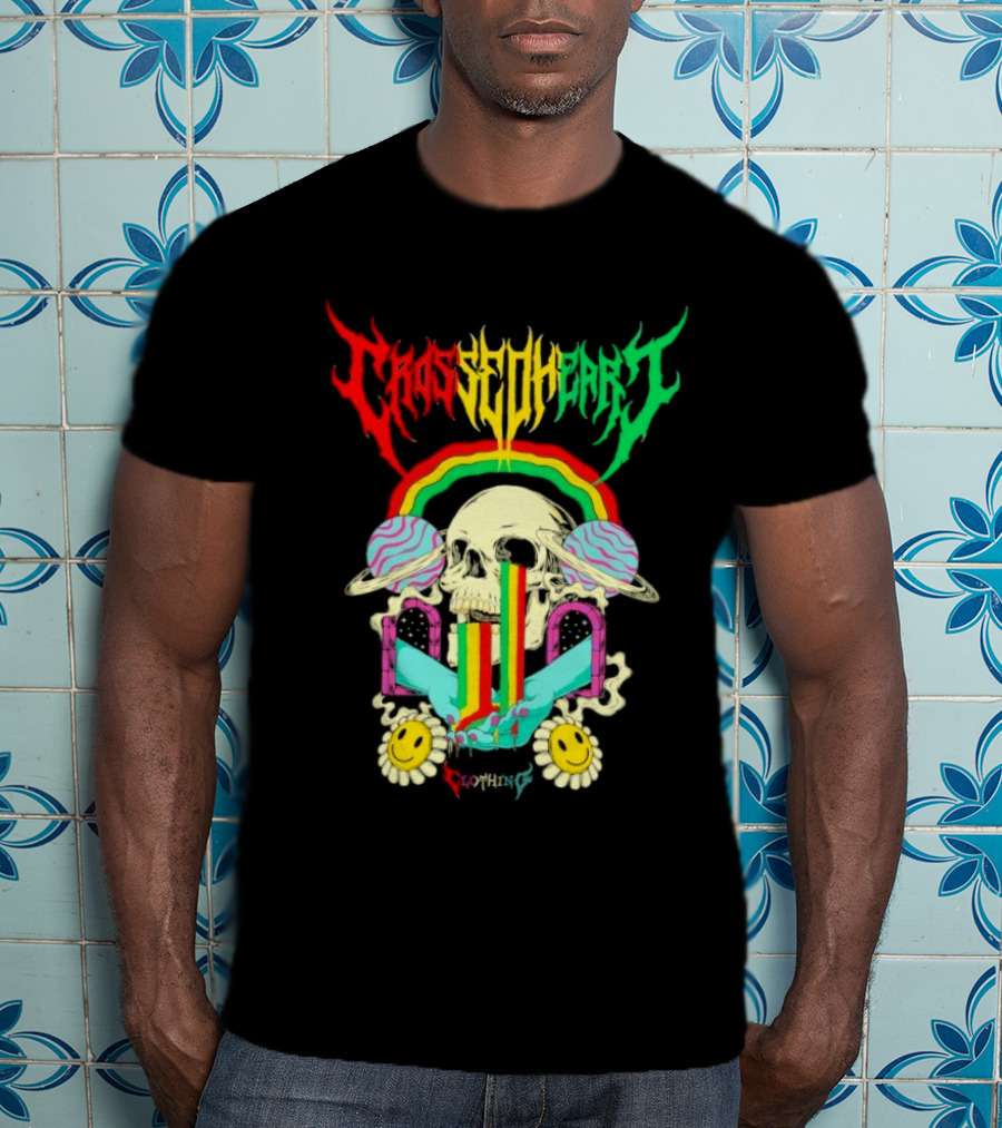 Crossed Heart Skull With Rainbow And Smiley Faces T-Shirt