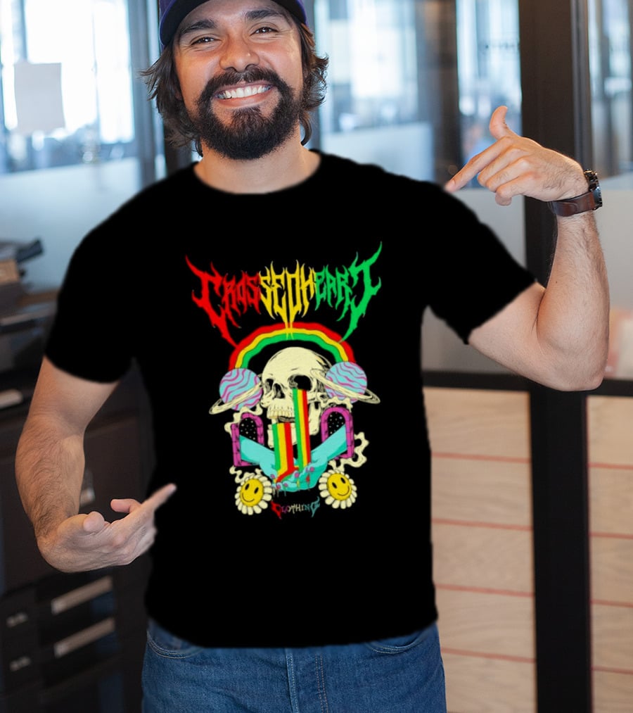 Crossed Heart Skull With Rainbow And Smiley Faces T-Shirt