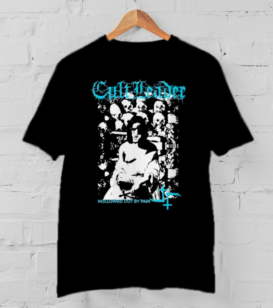 Cult Leader Hollowed Out By Pain Distorted Portrait With Inverted Cross Symbol T-Shirt