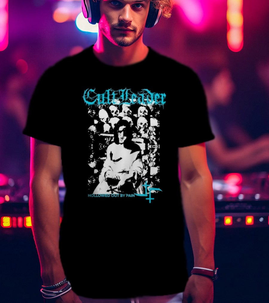 Cult Leader Hollowed Out By Pain Distorted Portrait With Inverted Cross Symbol T-Shirt