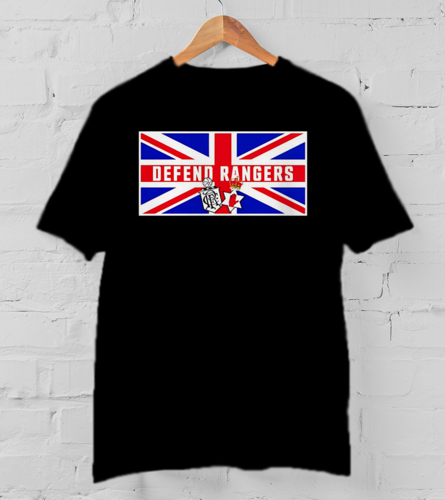 Defend Rangers Union Flag With FCRF Crest And Red Hand Of Ulster T-Shirt