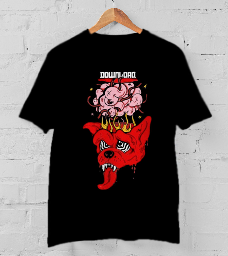 Download Festival Brain Explosion Red Dog Flames Quirky Cartoon Style T-Shirt