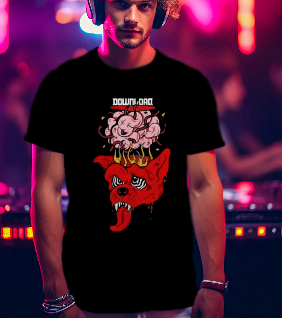 Download Festival Brain Explosion Red Dog Flames Quirky Cartoon Style T-Shirt
