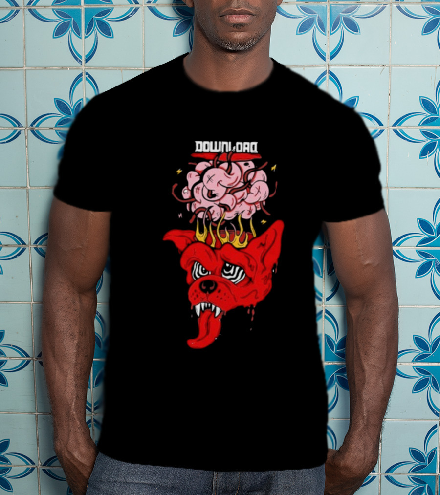 Download Festival Brain Explosion Red Dog Flames Quirky Cartoon Style T-Shirt
