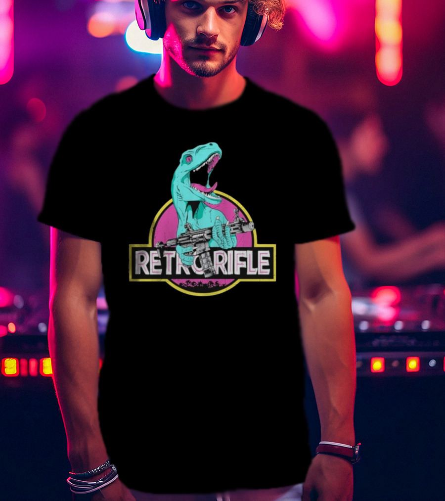 Retro Rifle Dinosaur Holding Gun Vintage Style T-Shirt