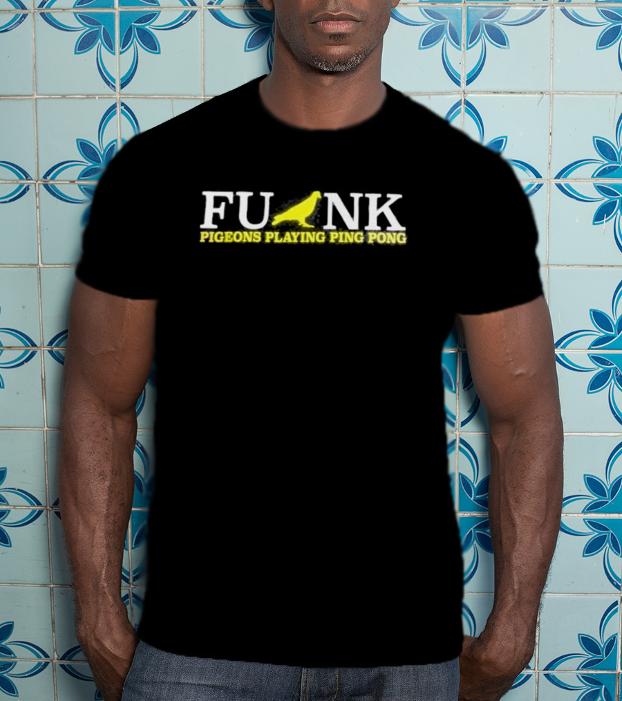 Funk Pigeons Playing Ping Pong Banana Yellow On Black T-Shirt