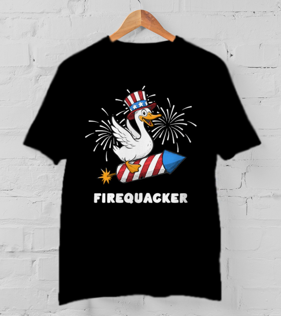 Firequacker Patriotic Duck With Rocket And Fireworks T-Shirt