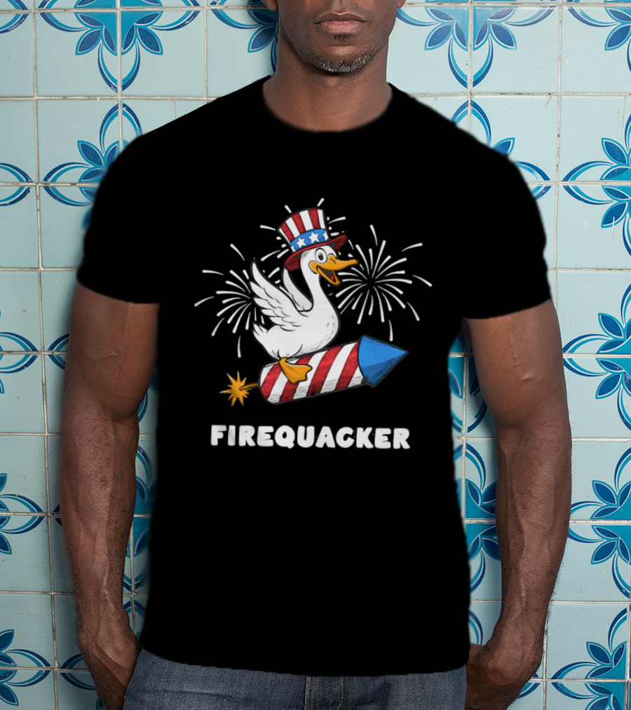 Firequacker Patriotic Duck With Rocket And Fireworks T-Shirt