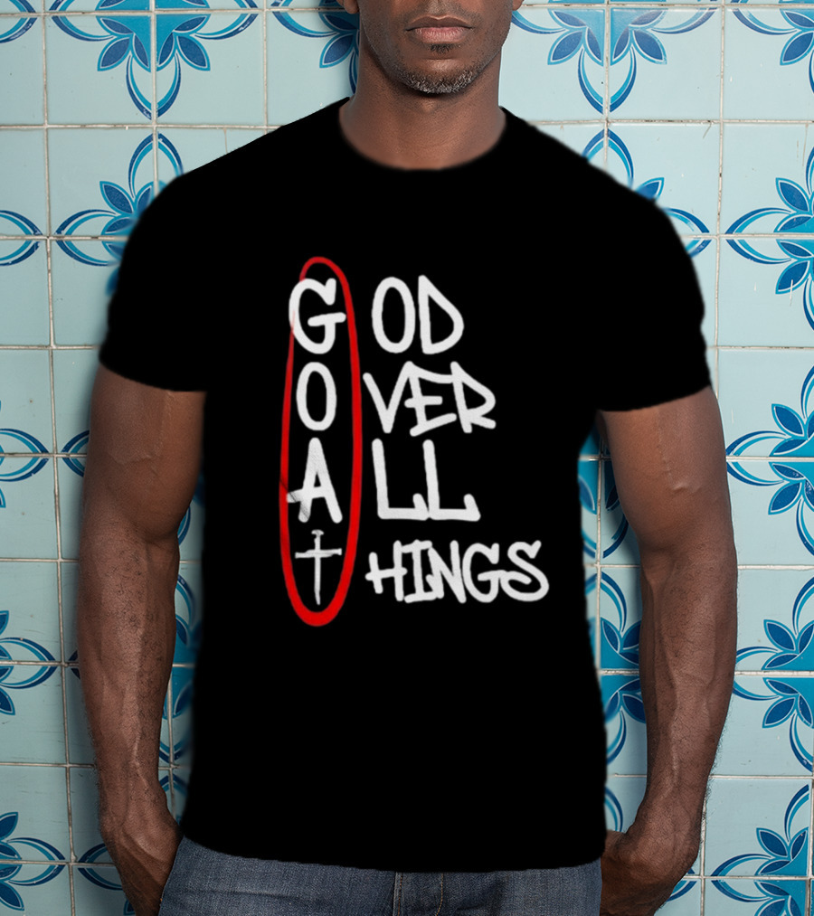GOAT God Over All Things Sword Cross Graphic Red Oval T-Shirt