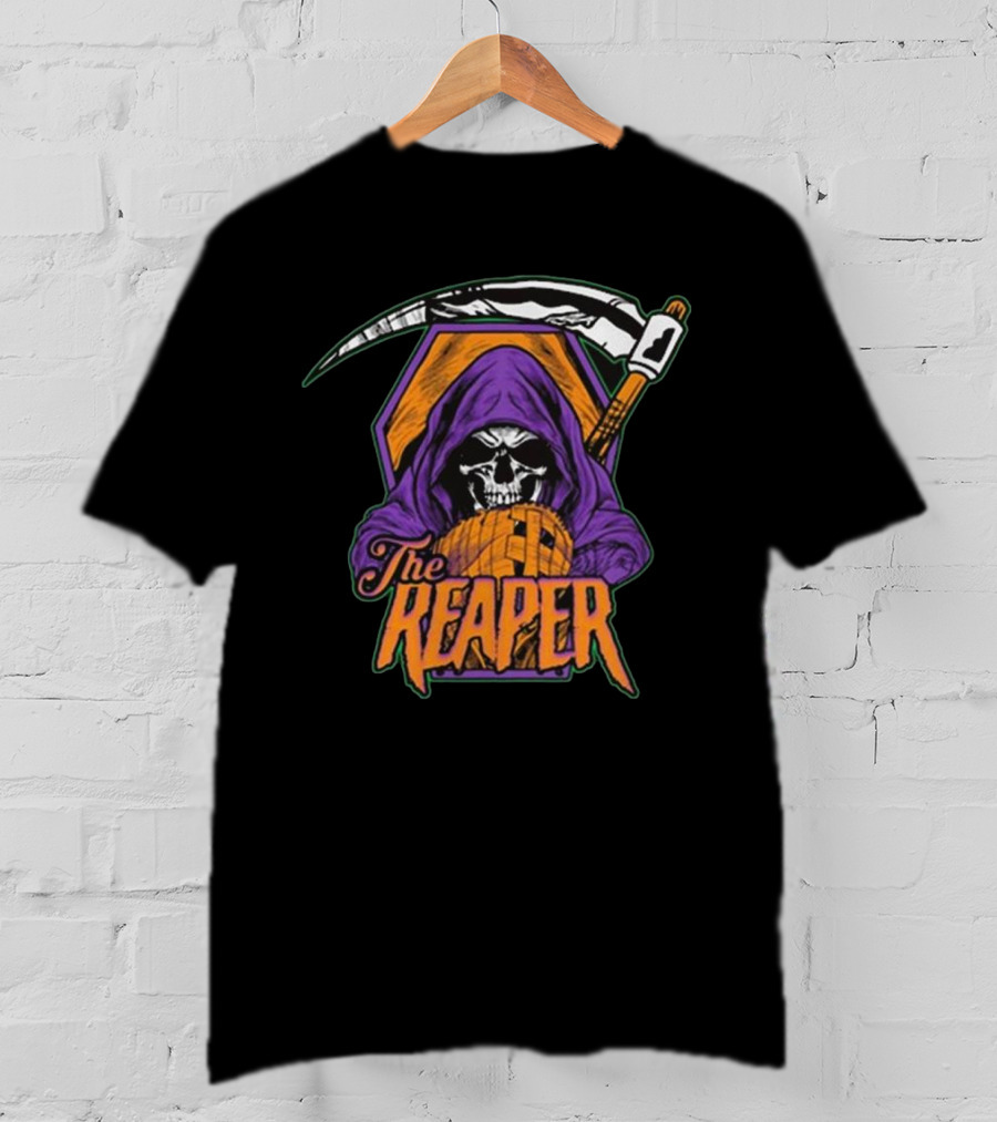 American Gothic Style Skull With Scythe Reaper Hooded Figure T-Shirt