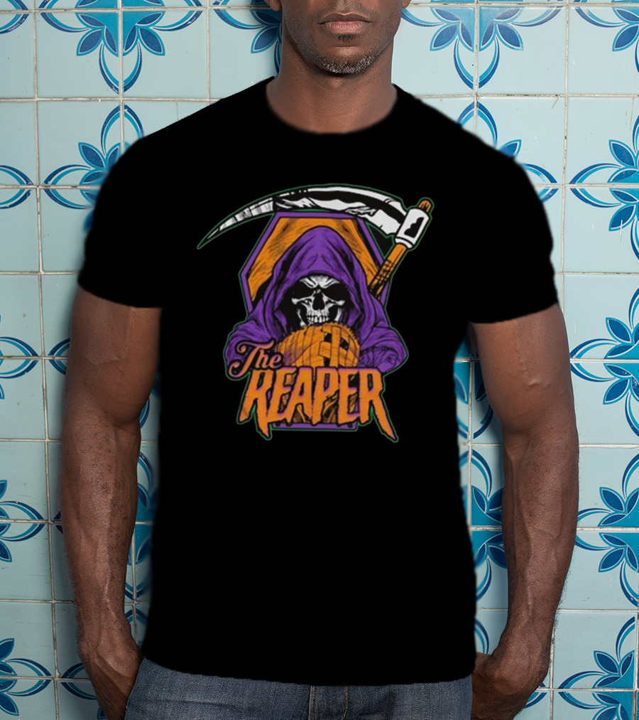 American Gothic Style Skull With Scythe Reaper Hooded Figure T-Shirt
