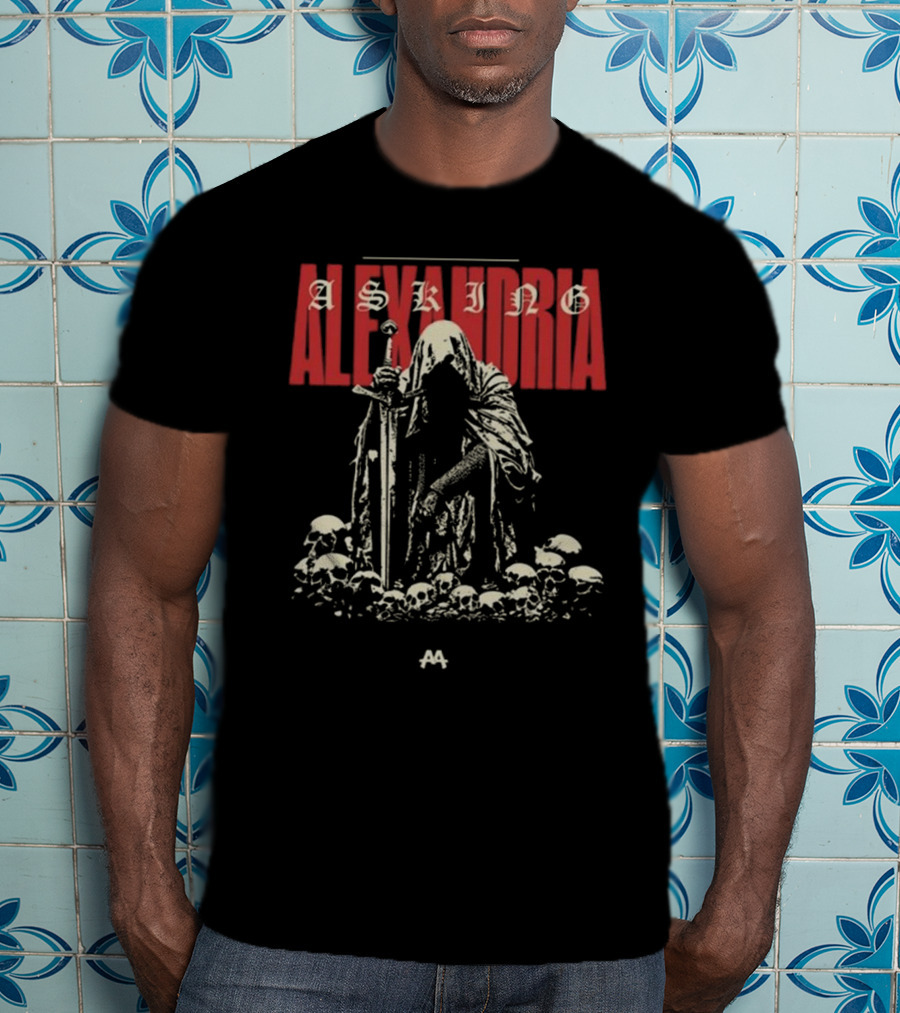 Asking Alexandria Skeleton Cloaked Figure With Sword Among Skulls T-Shirt