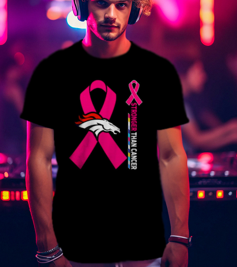Denver Broncos Pink Ribbon Stronger Than Cancer Awareness T-Shirt
