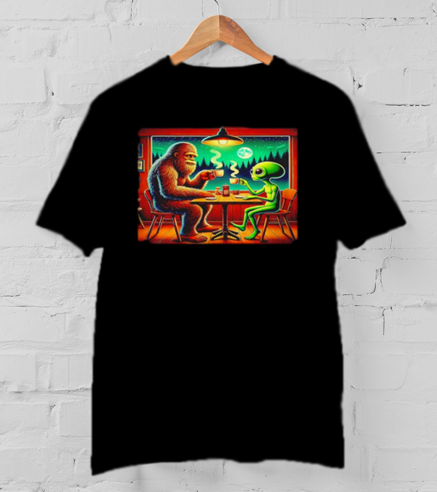 Bigfoot And Alien Coffee Meetup In Cabin At Night With Moonlit Forest T-Shirt