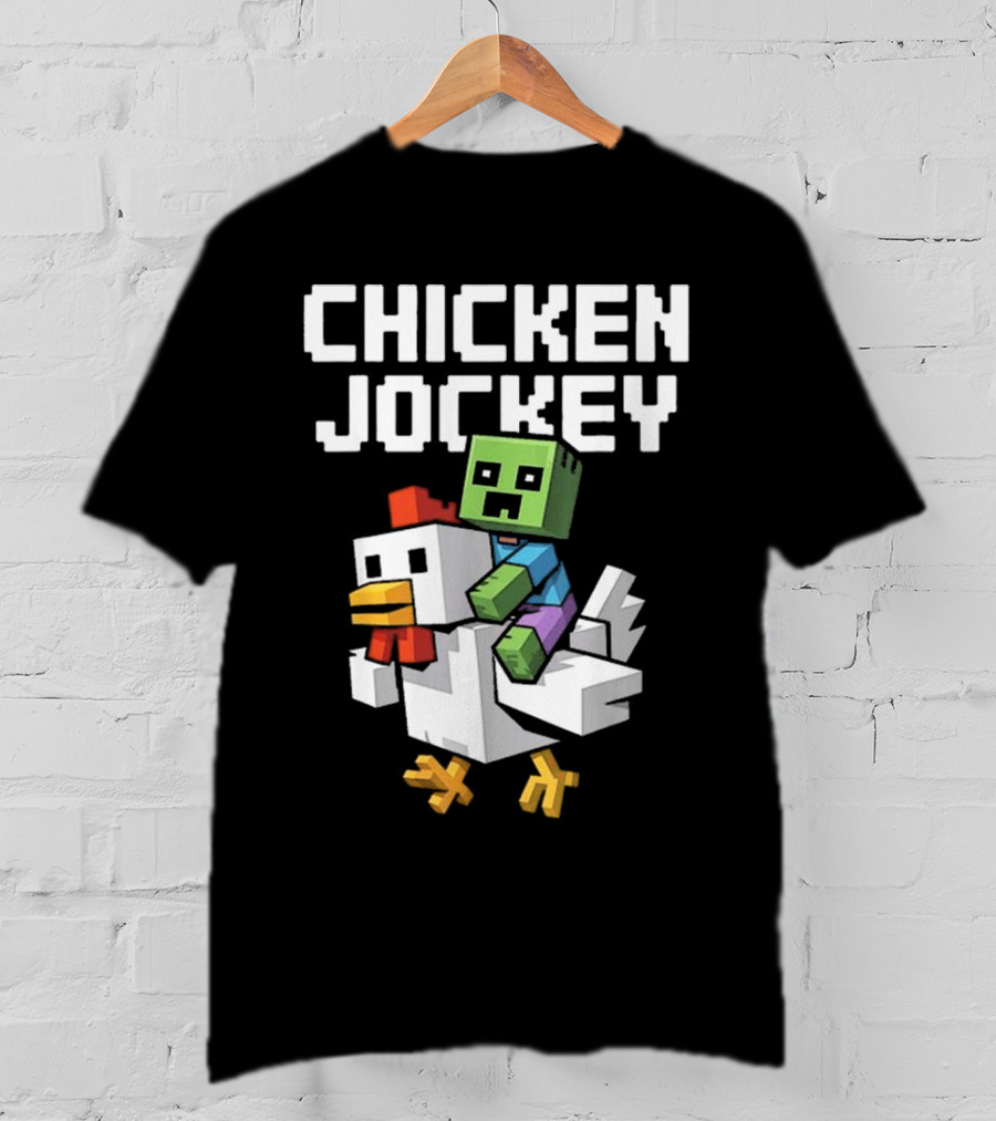 CHICKEN JOCKEY Pixelated Green Zombie Riding White Chicken T-Shirt