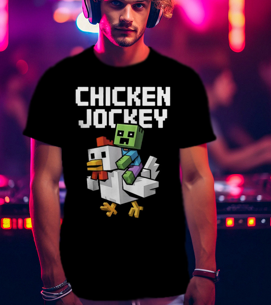 CHICKEN JOCKEY Pixelated Green Zombie Riding White Chicken T-Shirt