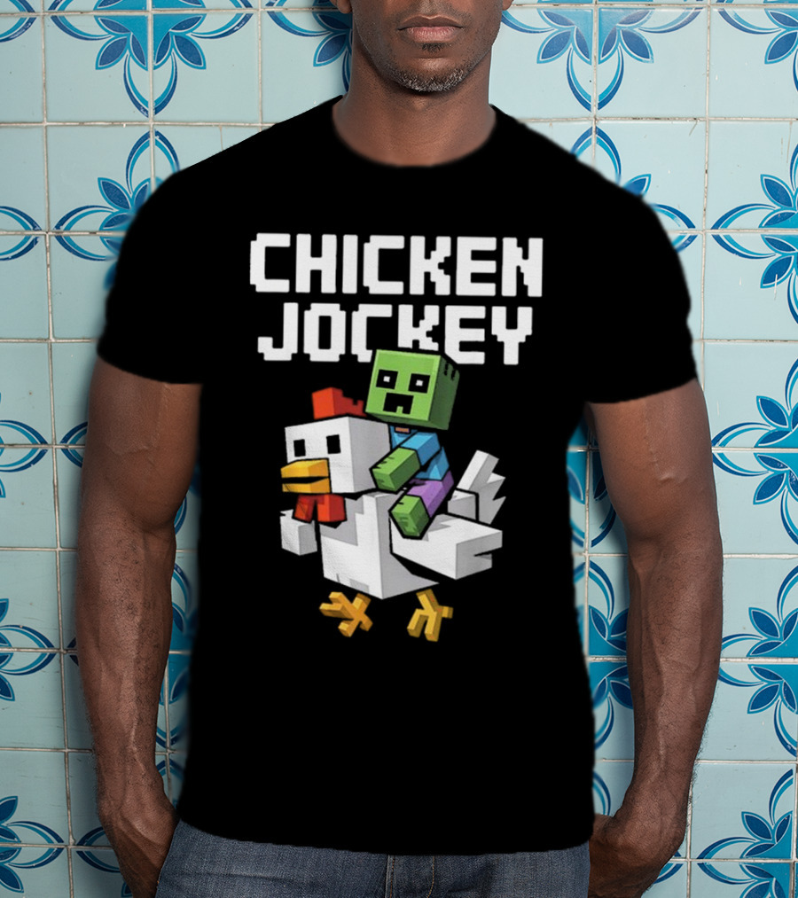 CHICKEN JOCKEY Pixelated Green Zombie Riding White Chicken T-Shirt