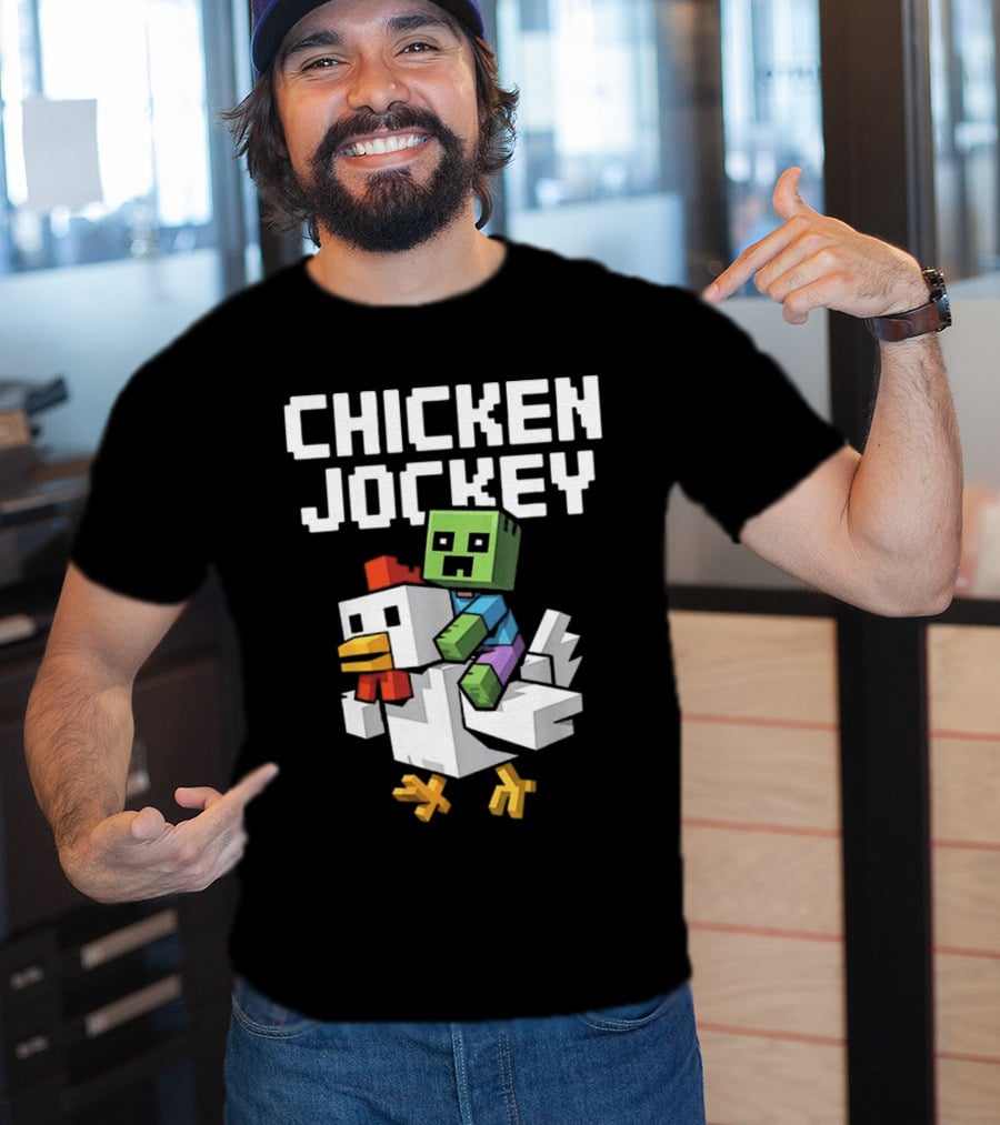 CHICKEN JOCKEY Pixelated Green Zombie Riding White Chicken T-Shirt