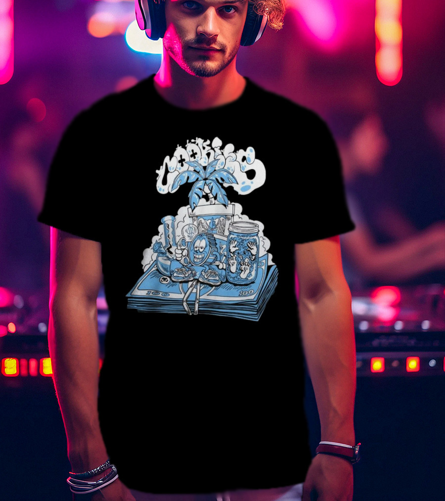 Cookiessf Laid Back Smoking Character With Money And Marijuana Elements T-Shirt