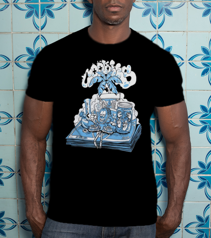 Cookiessf Laid Back Smoking Character With Money And Marijuana Elements T-Shirt