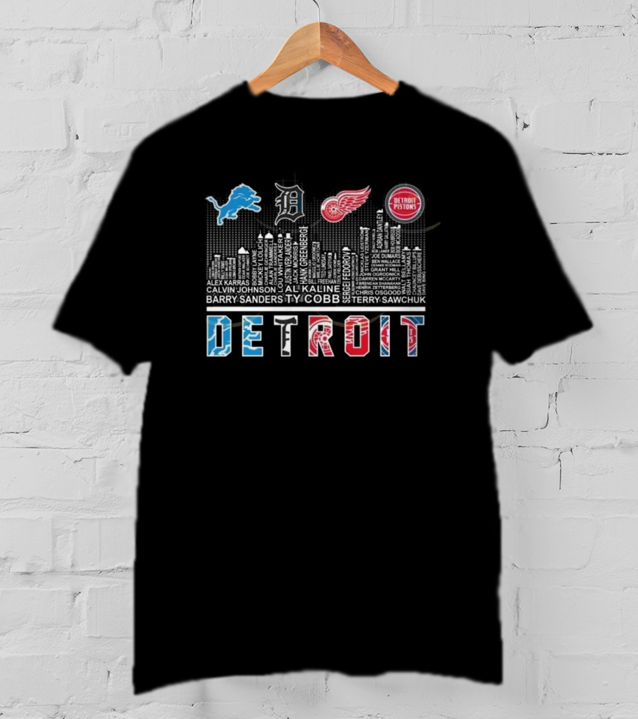 Detroit Lions X Detroit Tigers X Detroit Red Wings X Detroit Pistons Skyline 2025 T-Shirt
