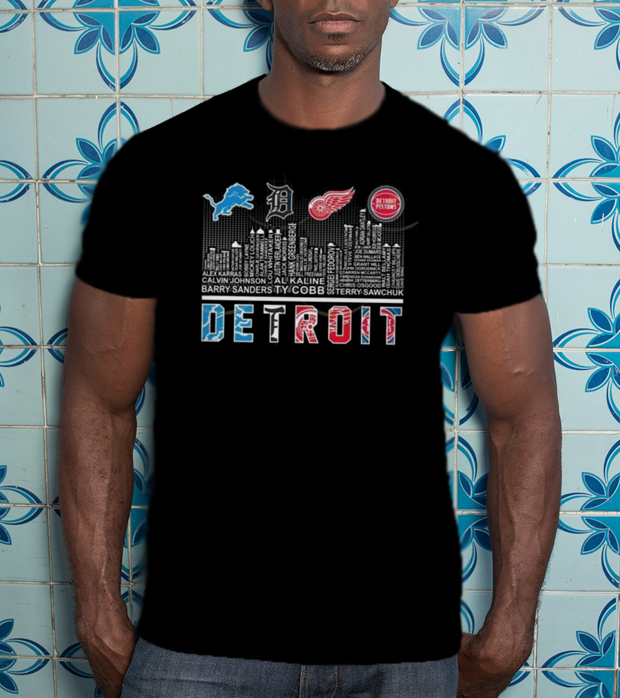 Detroit Lions X Detroit Tigers X Detroit Red Wings X Detroit Pistons Skyline 2025 T-Shirt