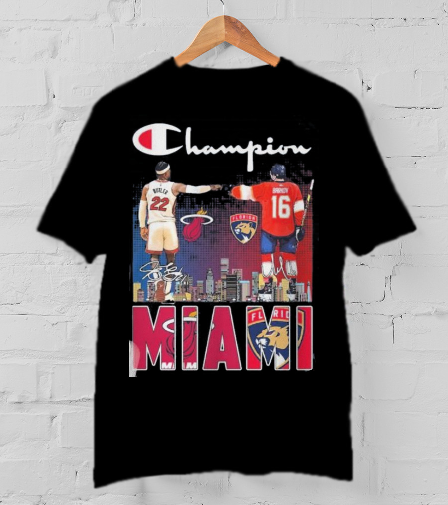 Champion Miami Skyline Signatures 22 Jimmy Butler 16 Aleksander Barkov Sports T-Shirt