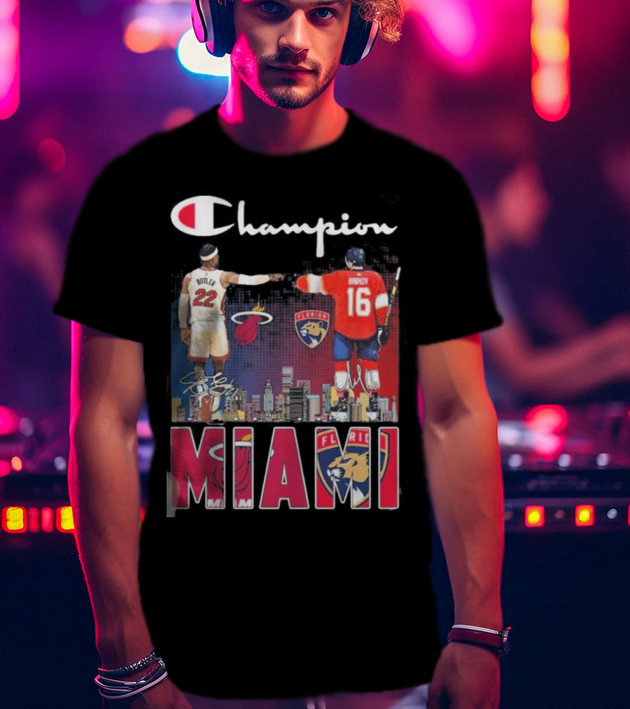 Champion Miami Skyline Signatures 22 Jimmy Butler 16 Aleksander Barkov Sports T-Shirt