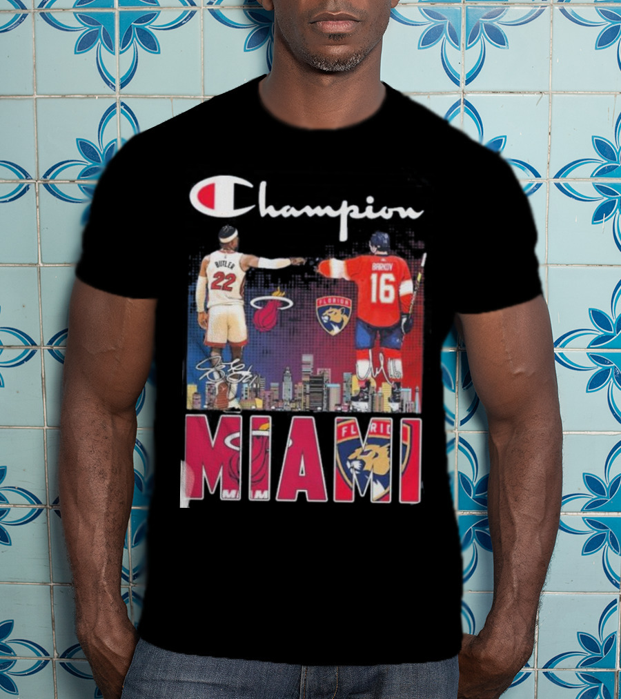 Champion Miami Skyline Signatures 22 Jimmy Butler 16 Aleksander Barkov Sports T-Shirt