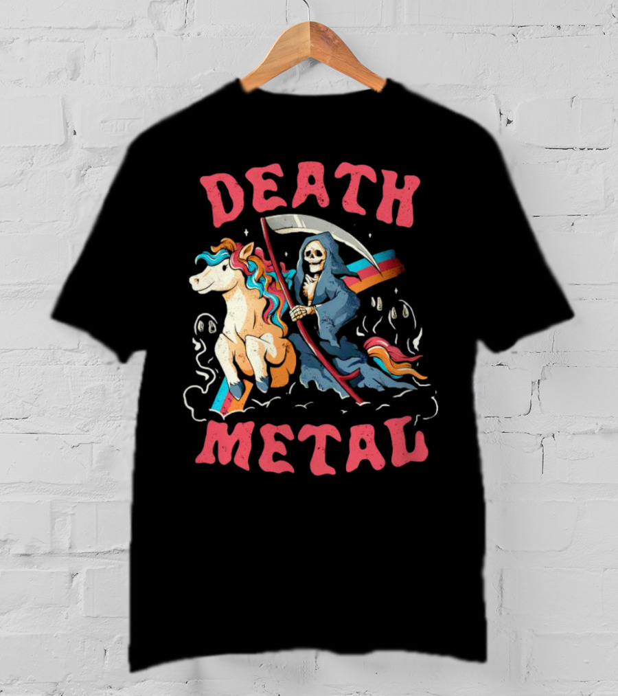 Death Metal Skull Riding Rainbow Unicorn T-Shirt