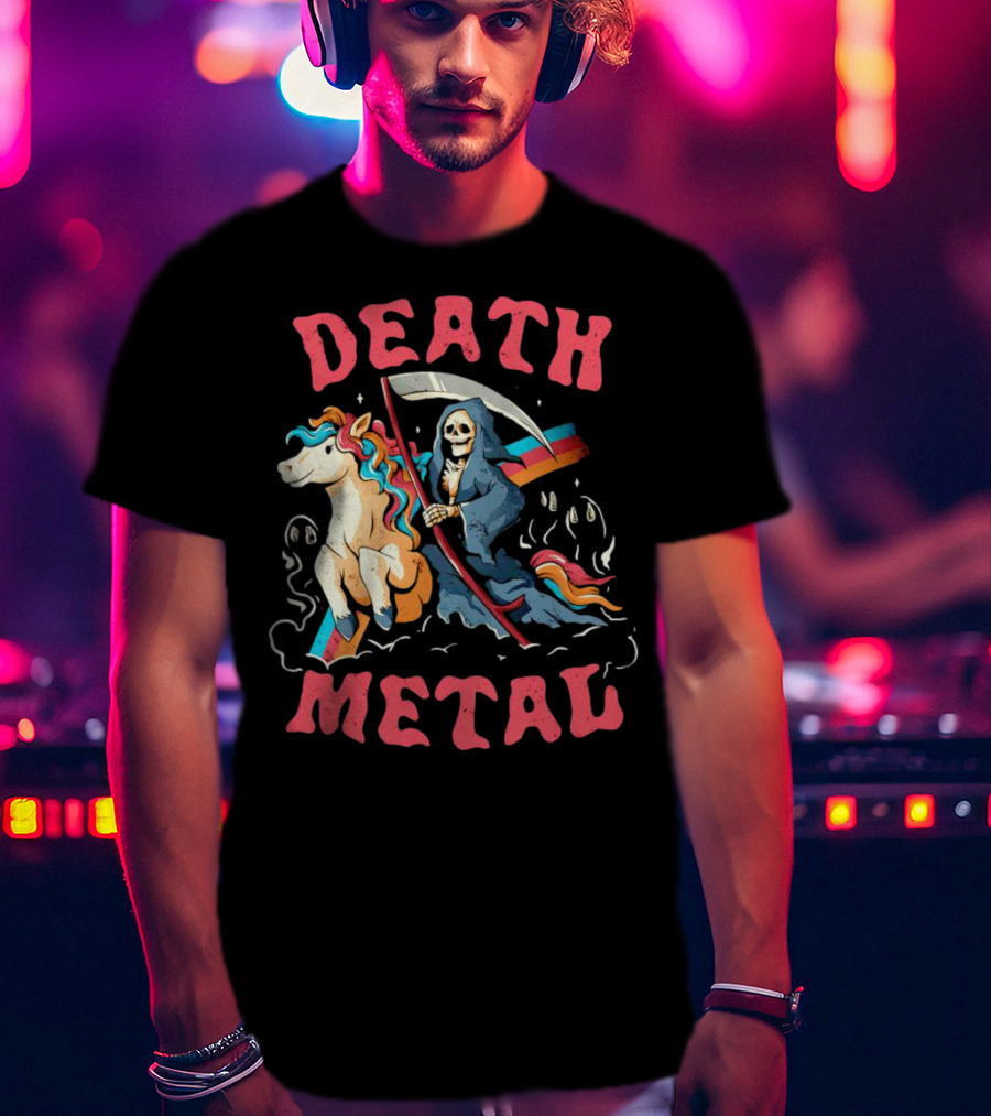 Death Metal Skull Riding Rainbow Unicorn T-Shirt