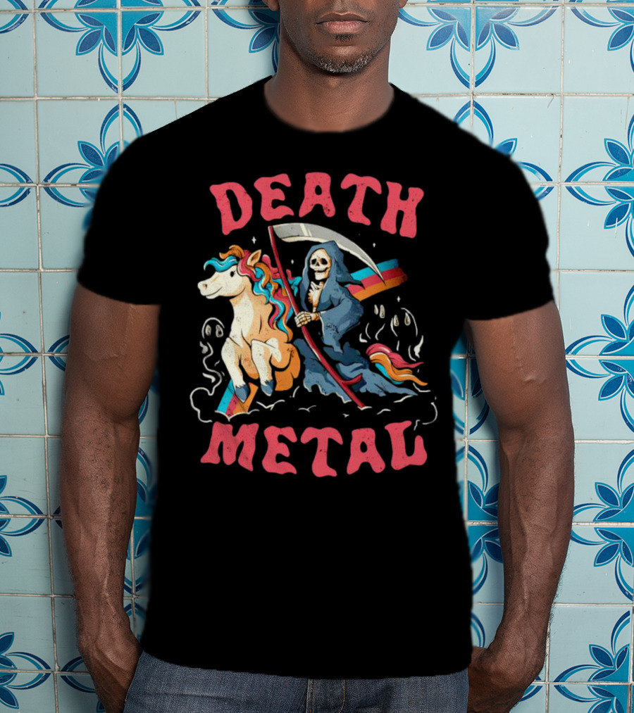 Death Metal Skull Riding Rainbow Unicorn T-Shirt