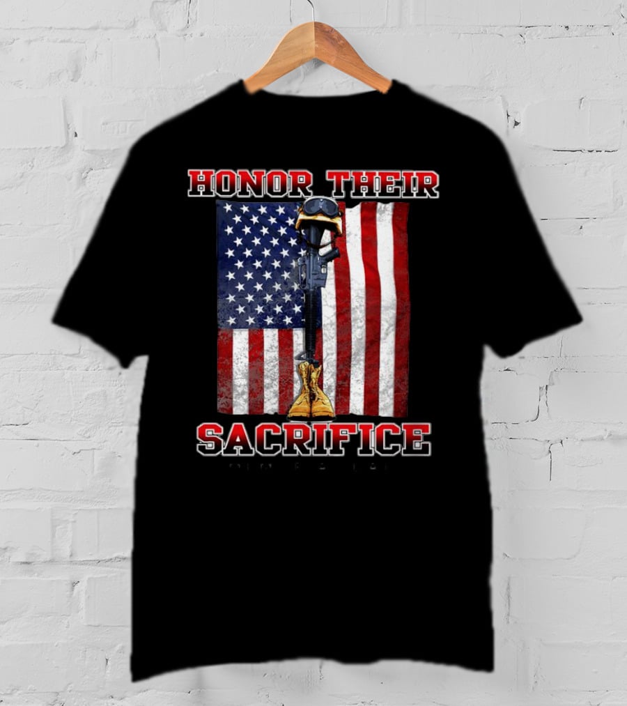 Honor Their Sacrifice Memorial Day American Flag Soldier Helmet Boot Rifle T-Shirt