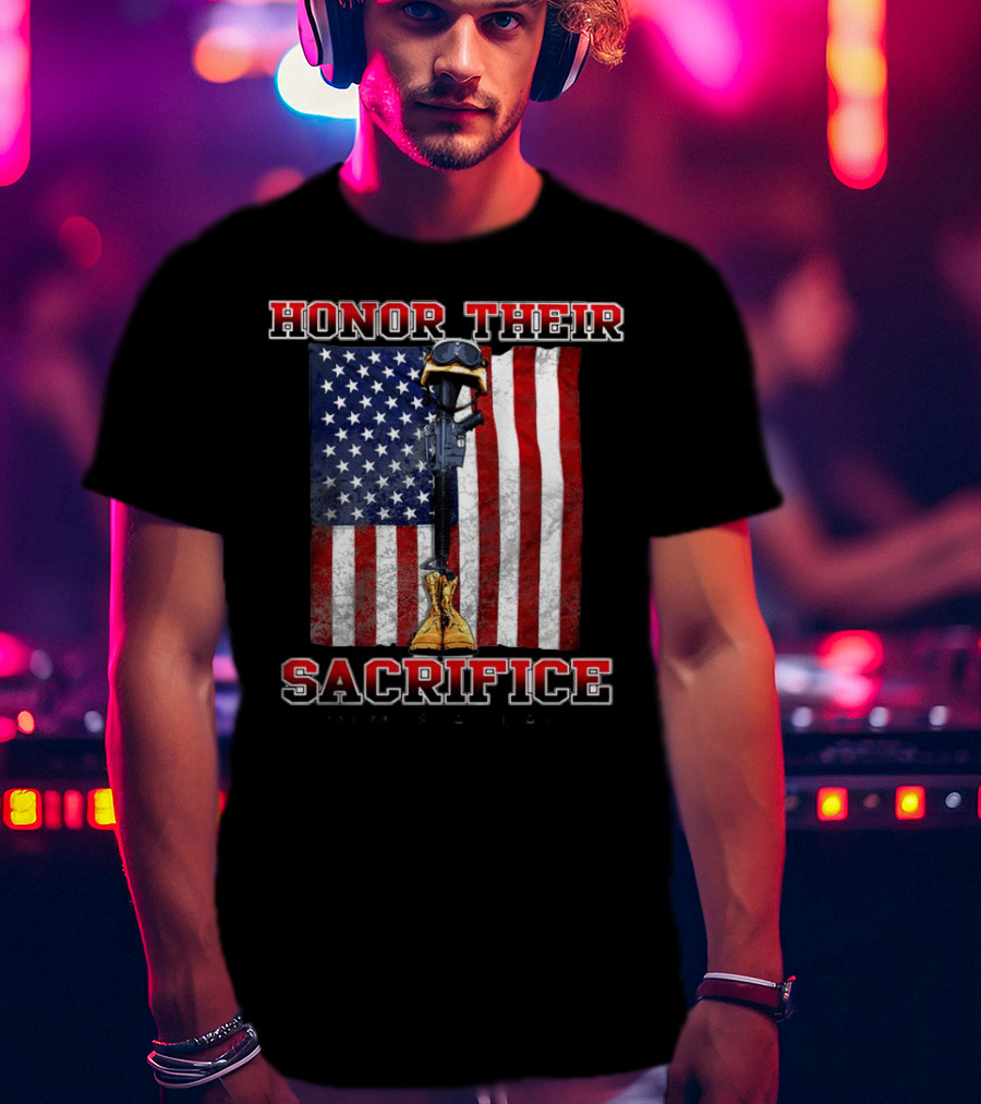 Honor Their Sacrifice Memorial Day American Flag Soldier Helmet Boot Rifle T-Shirt