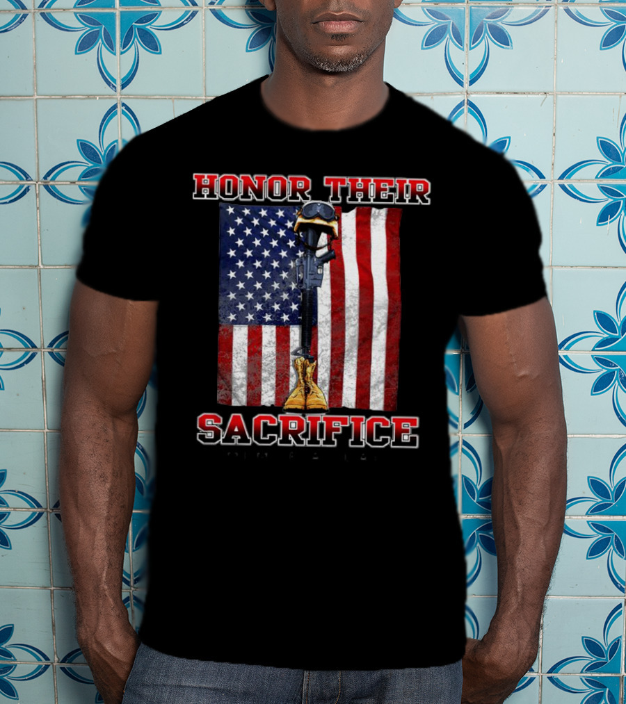 Honor Their Sacrifice Memorial Day American Flag Soldier Helmet Boot Rifle T-Shirt