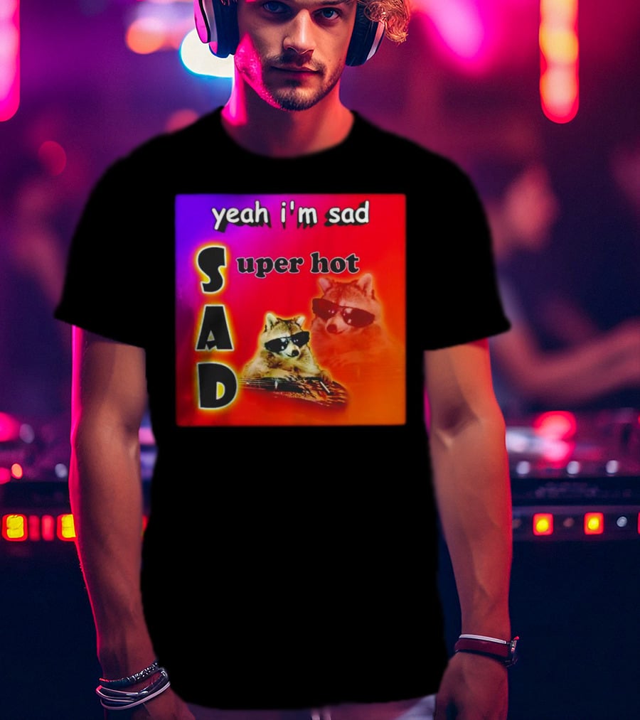 Yeah I'm Sad Super Hot Raccoon With Sunglasses On Colorful Background T-Shirt
