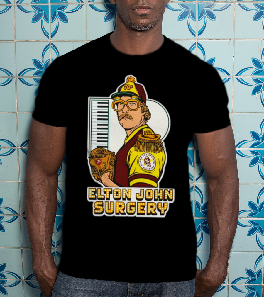 Elton John Surgery Baseball Player Keyboard 70s Patch T-Shirt